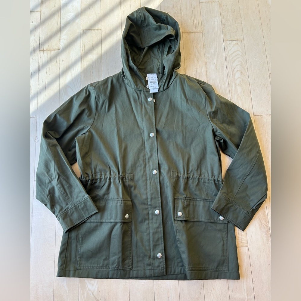 J. Crew Resin Coated Cotton Twill Hooded Women’s Jacket Loden Green Large NWT - Picture 3 of 16